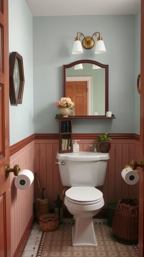 A vintage-inspired powder room featuring wooden accents, soft colors, and classic lighting.