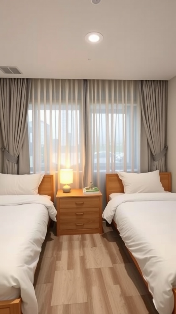 A shared bedroom with two beds, a nightstand, and sheer curtains.