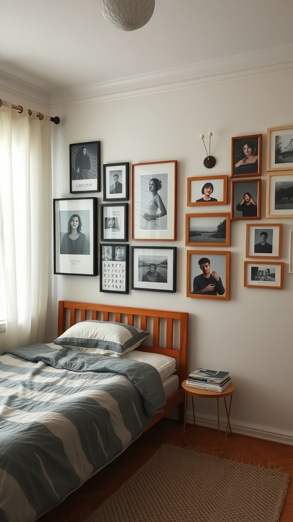 Cozy shared bedroom with a gallery wall of framed photographs and a wooden bed.