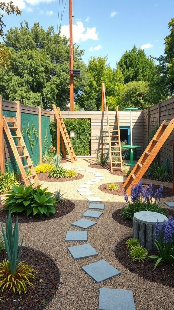 A whimsical garden with wooden ladders and a winding stone path surrounded by colorful plants.