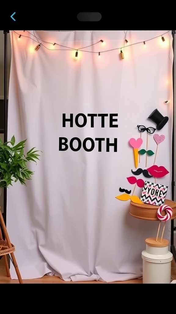 A playful photo booth setup with a white backdrop, string lights, and fun props like mustaches and lips.