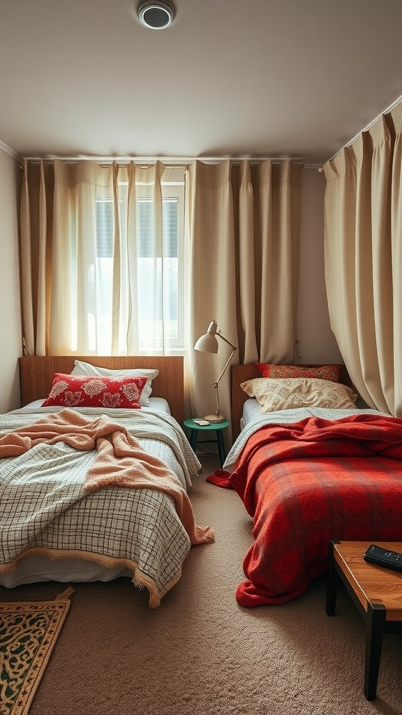 A small shared bedroom featuring two beds with layered textures and various patterns in blankets and cushions.