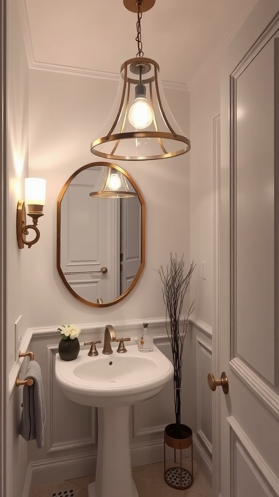A stylish powder room featuring elegant lighting fixtures and a modern sink.