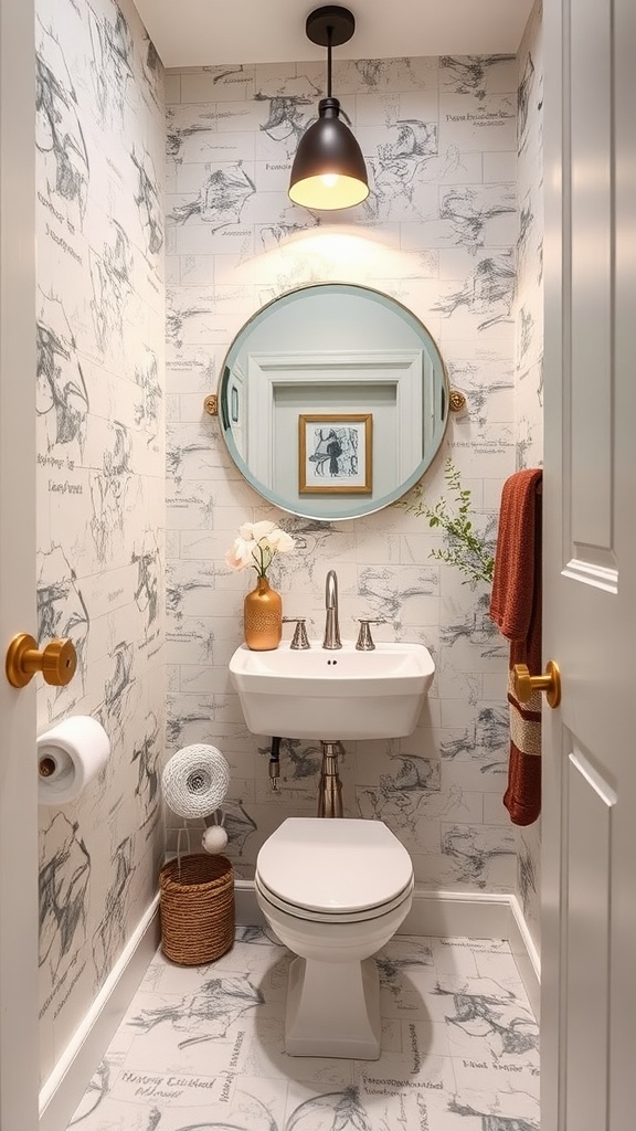 A small powder room with patterned wallpaper, a round mirror, and stylish decor.