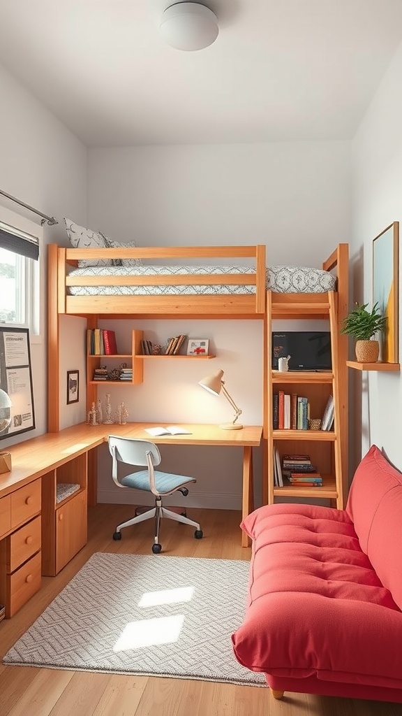 A small shared bedroom featuring a lofted bed, desk area, and red couch, designed for maximizing space.