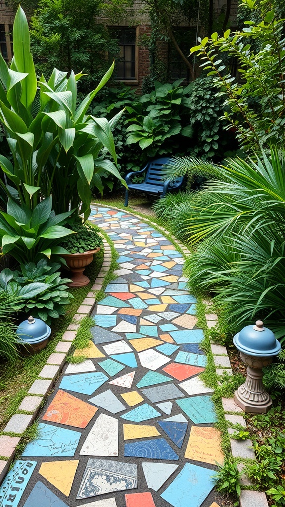 A colorful mosaic pathway winding through a lush garden with greenery and plants