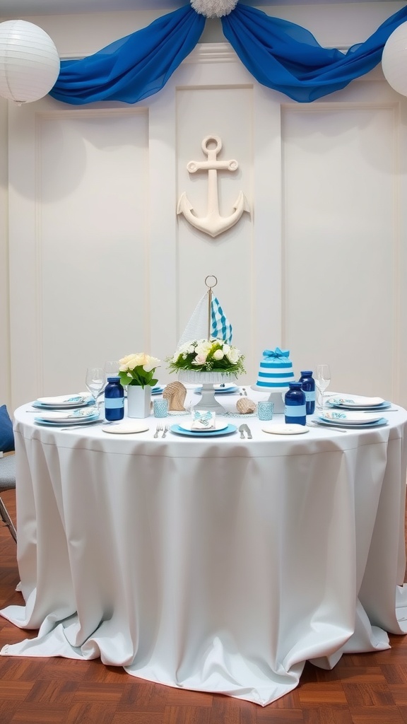 Nautical-themed baby shower table setting with anchor decor