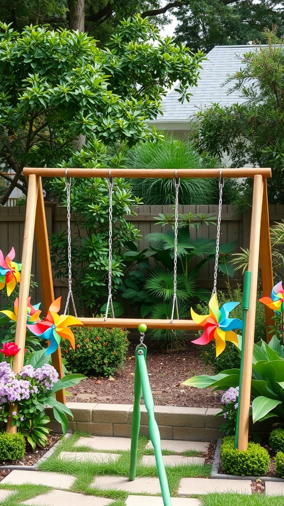 A charming garden with a swing set and colorful pinwheels surrounded by lush greenery and flowers.
