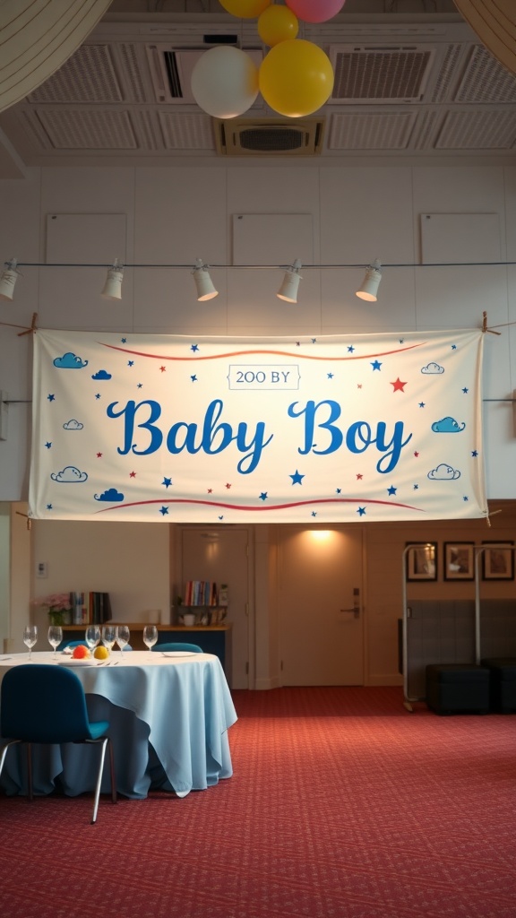 A personalized baby shower banner displaying 'Baby Boy' with clouds and stars in a festive setting.