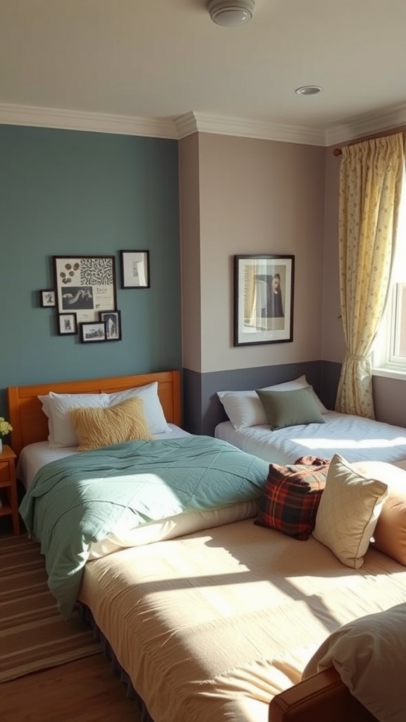 A shared bedroom with two beds, each decorated differently, showcasing personalized decor for each roommate.