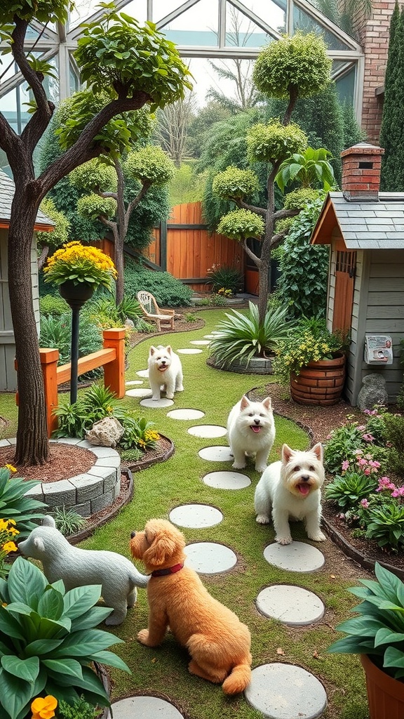 A whimsical pet-friendly garden with four dogs walking on a stone path surrounded by greenery and colorful flowers.