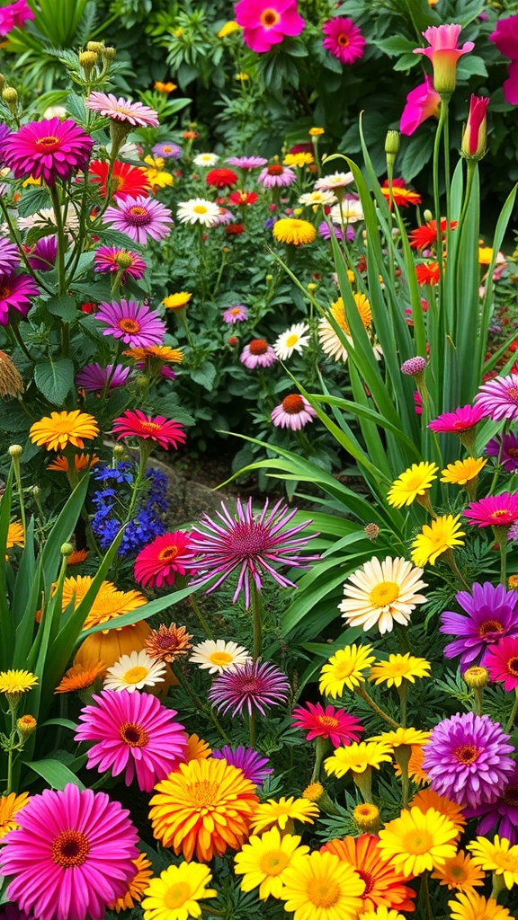 A colorful garden filled with various flowers in shades of pink, yellow, orange, and purple.