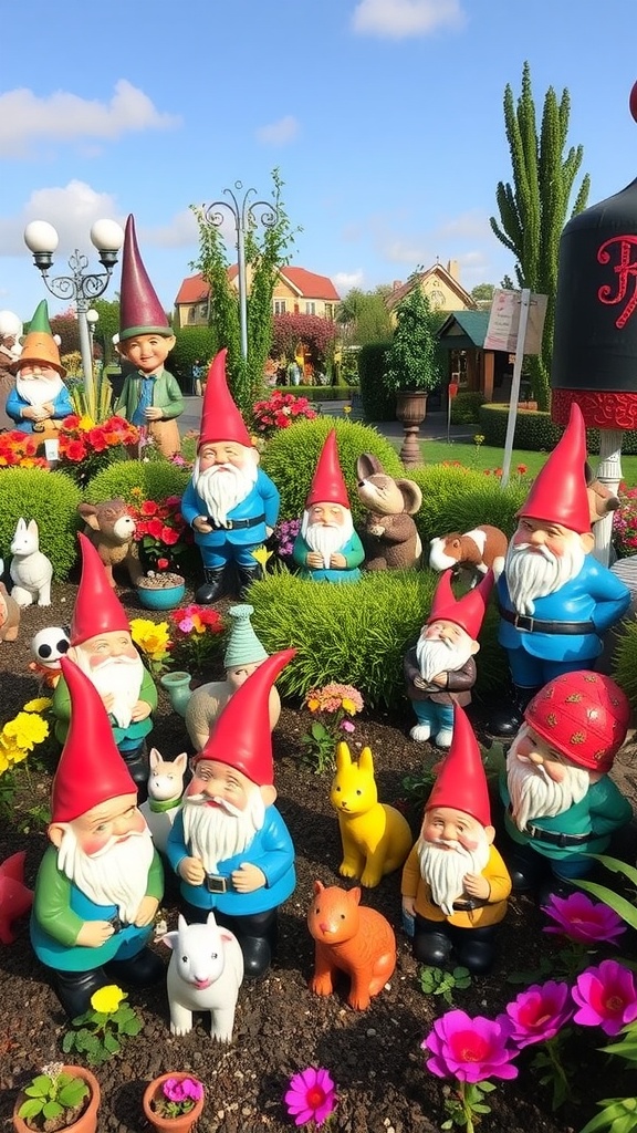 A vibrant garden filled with colorful gnome statues and playful animal ornaments surrounded by flowers.
