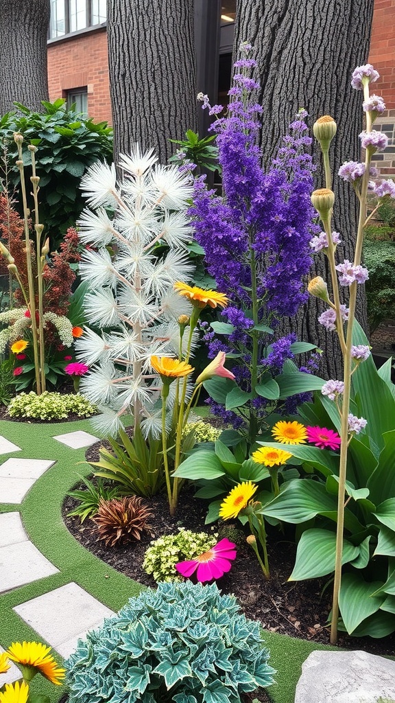 A colorful and vibrant garden filled with various flowers and plants, showcasing bright colors and unique textures.