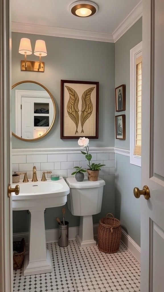 A well-designed powder room featuring green walls, framed art, a round mirror, and decorative elements.