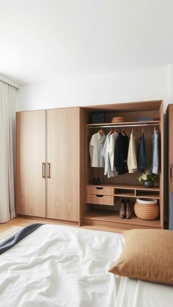 A sleek wooden wardrobe with clothes, shoes, and decorative items, fitting perfectly in a small shared bedroom.