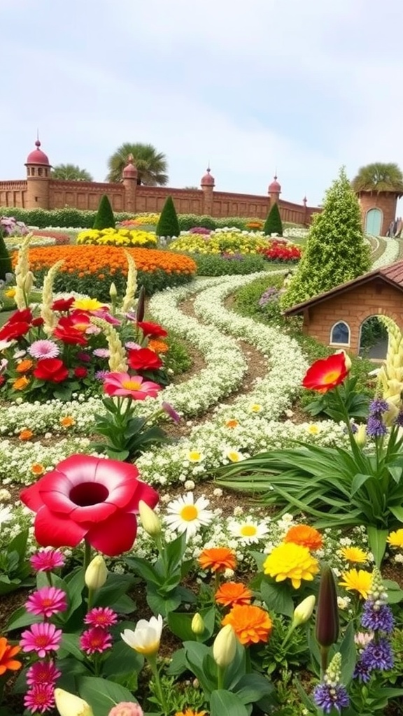 A whimsical garden with colorful flower beds and charming structures.