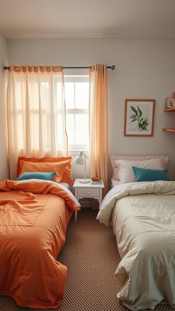 A shared bedroom with two twin beds featuring colorful bedding and natural light.