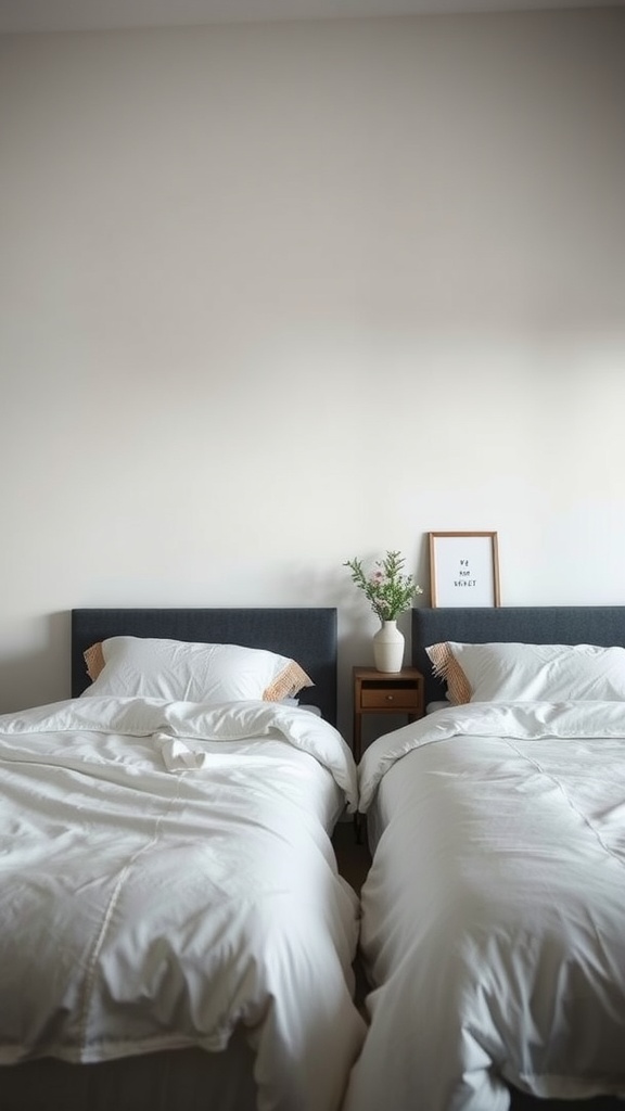 A small shared bedroom featuring two beds and stylish bedside tables.
