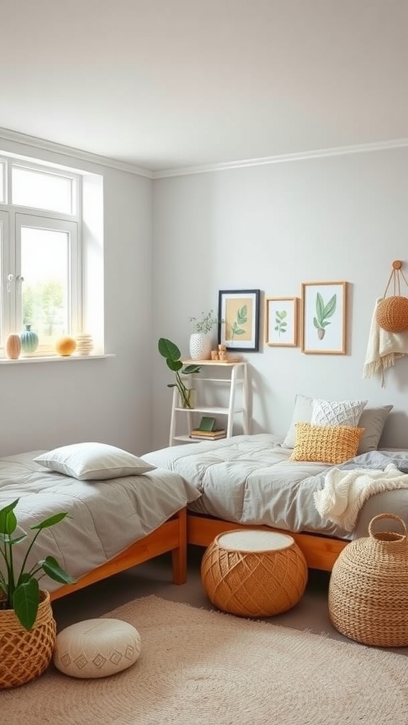 Cozy shared bedroom with two beds, plants, and natural decor