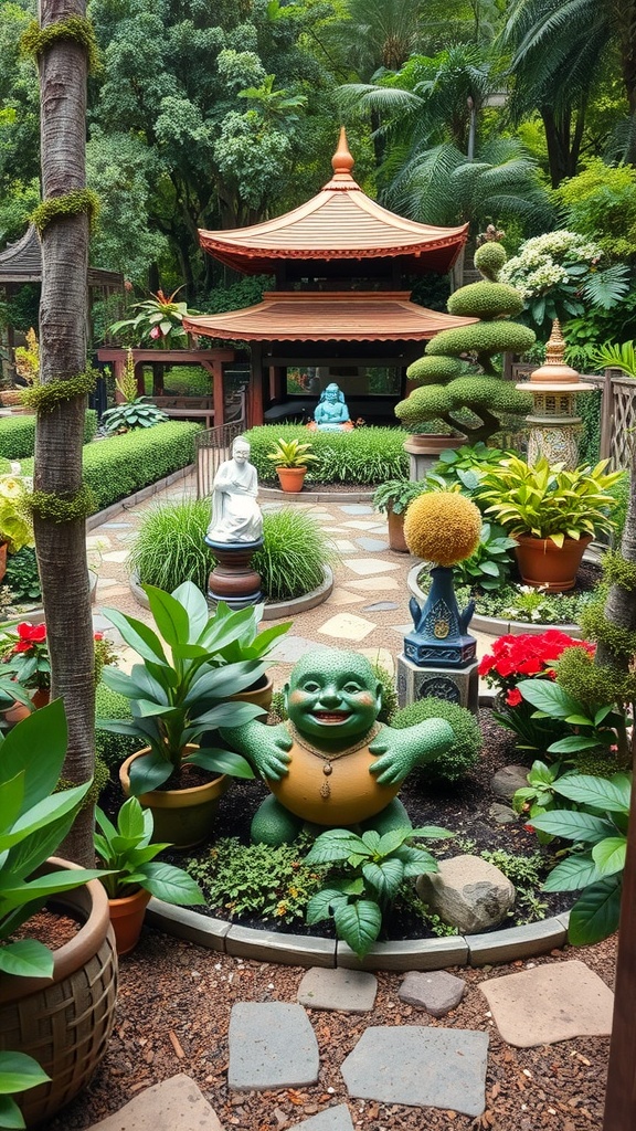 A colorful garden featuring a smiling green statue, a pagoda, and various plants in pots.