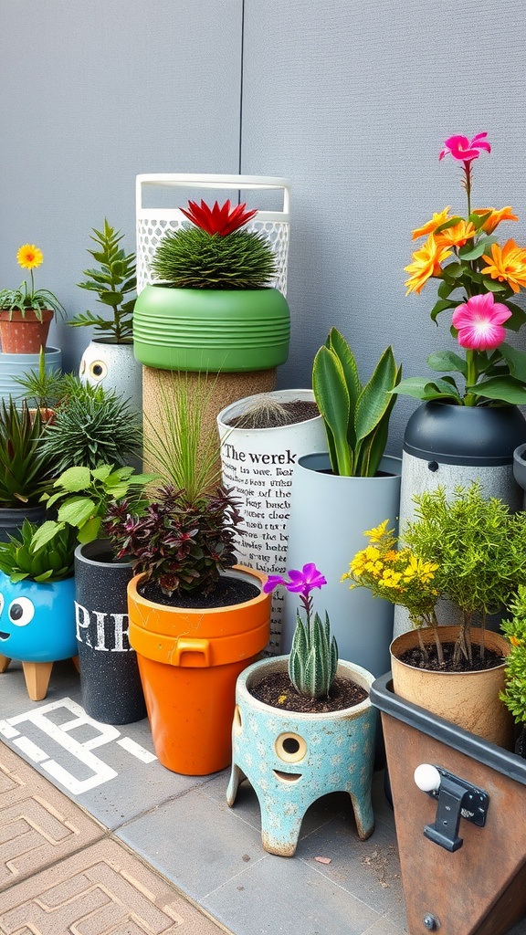 Colorful and unique planters featuring various plants in a whimsical garden setting.