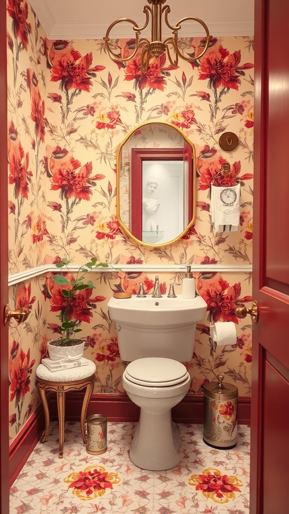 A small powder room featuring vibrant floral wallpaper, a round mirror, a gold chandelier, and decorative plant.