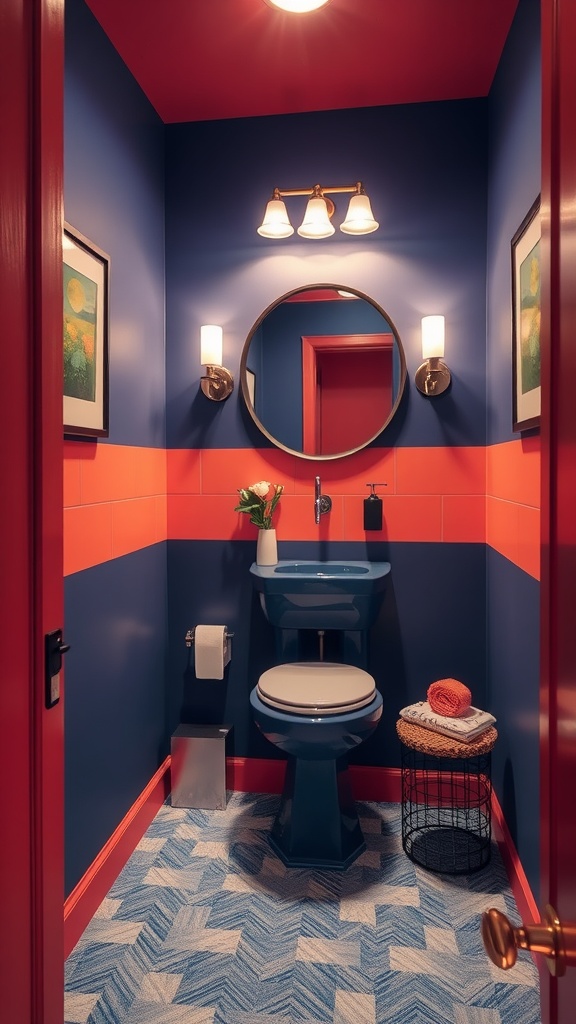 A powder room with color blocking in deep blue, bold red, and patterned flooring.