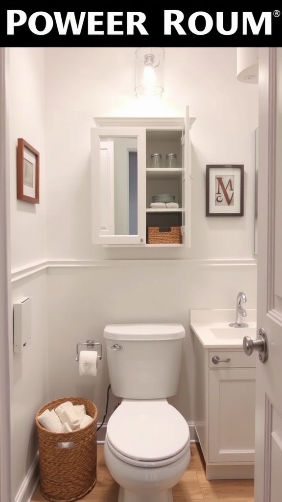 A stylish powder room featuring a clean design with smart storage solutions.