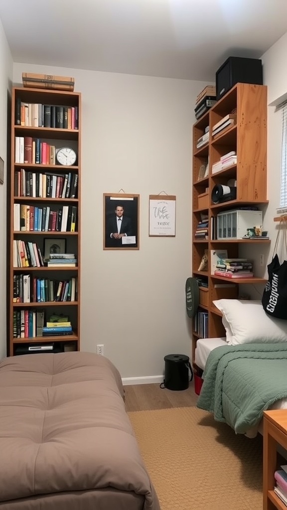 A small shared bedroom with bookshelves and a compact shelving unit.