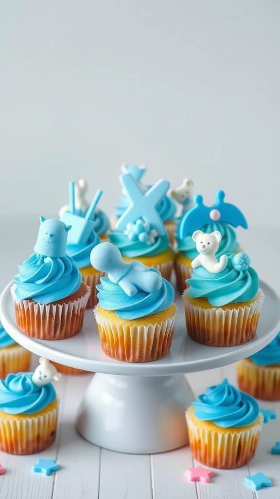 A whimsical cupcake stand with blue frosted cupcakes and baby-themed decorations.