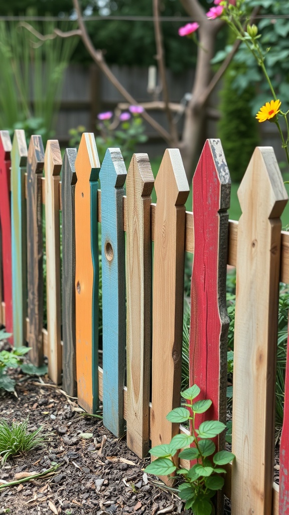 A colorful wooden fence with vibrant panels surrounding a garden.