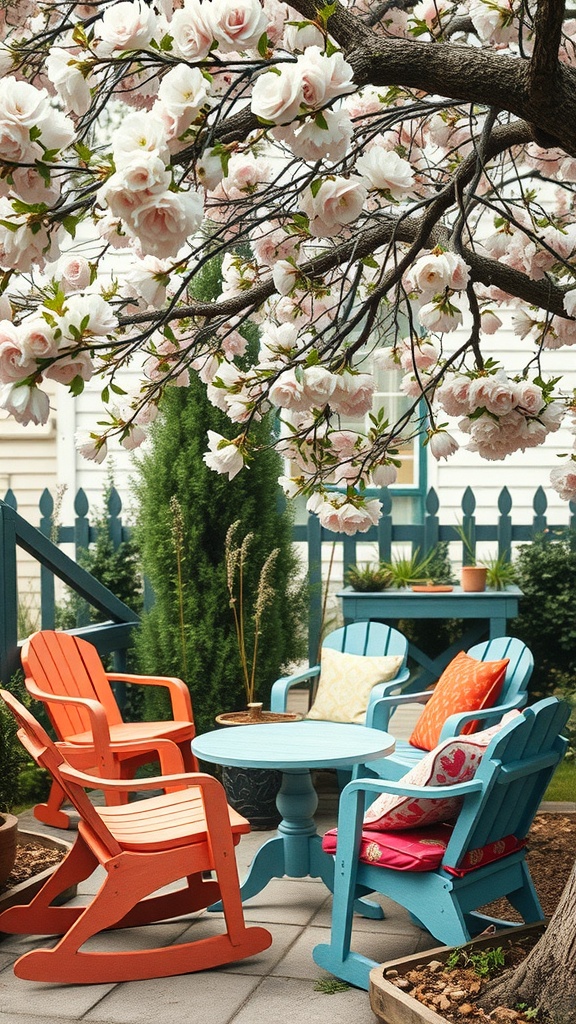 Whimsical garden furniture arrangement with colorful chairs and a small table under blooming branches.