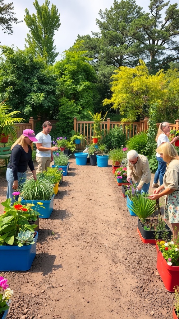 A group of people participating in a gardening workshop surrounded by colorful plants in pots.