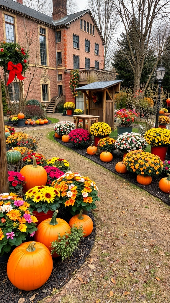 A whimsical garden decorated with colorful flowers and pumpkins for the fall season.