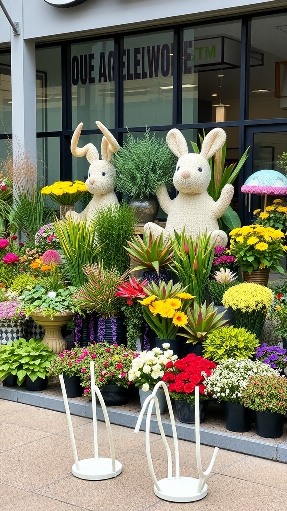 Colorful garden display featuring two bunny figures and a variety of flowers