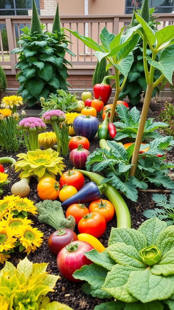 A colorful and vibrant vegetable garden filled with various vegetables and bright flowers.