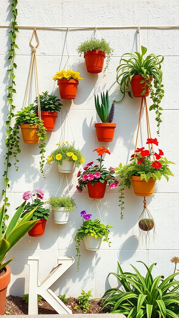 A whimsical vertical garden display with colorful hanging pots filled with various flowers and greenery against a bright wall.