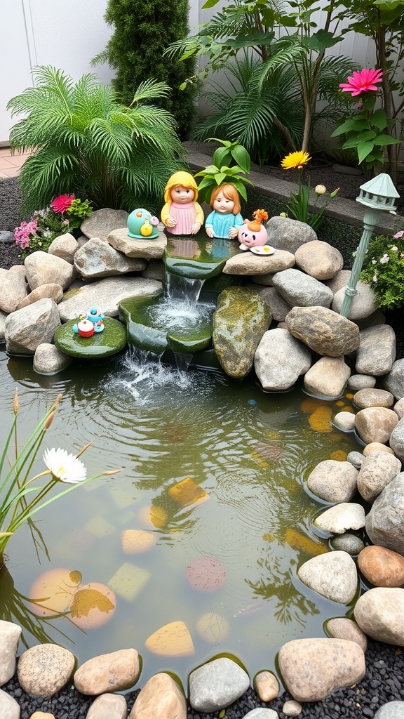A whimsical garden pond surrounded by smooth stones, featuring playful figurines and vibrant flowers.
