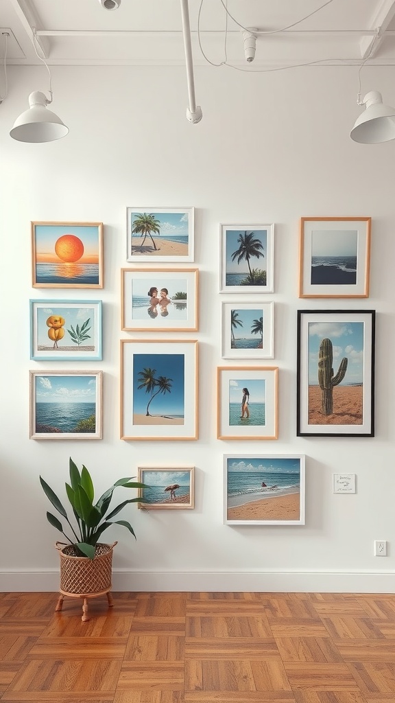 A colorful gallery wall featuring various summer-themed artwork and a potted plant.