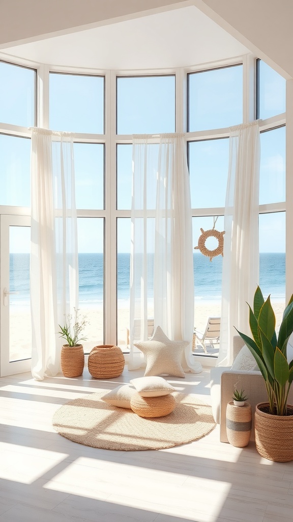 Bright and airy coastal retreat with large windows, sandy beach view, and cozy decor