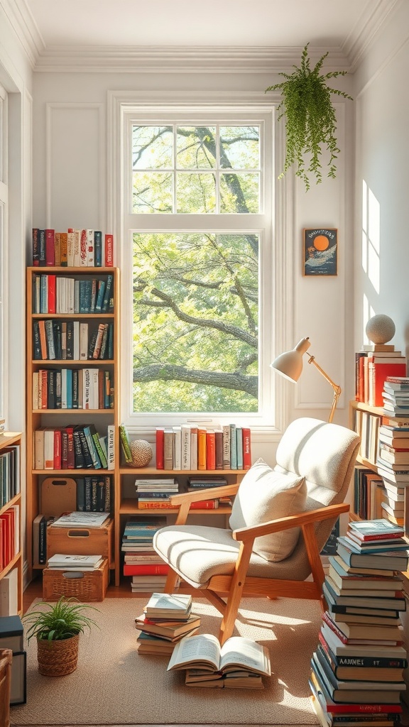 Cozy reading nook with a large window, comfortable chair, bookshelves filled with books, and a plant.