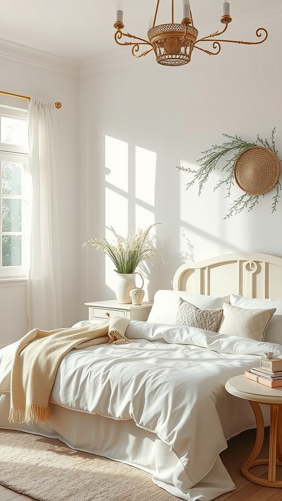 A bright and airy summer bedroom featuring a white bed, soft throw, plants, and warm lighting.
