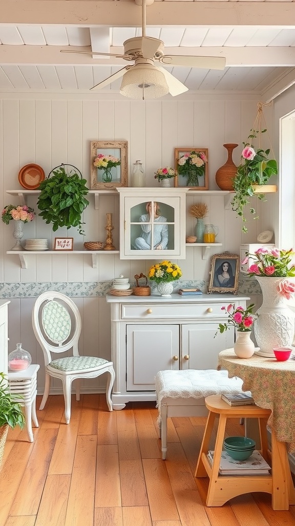 A cozy cottage room with white walls, wooden floors, and floral decorations, featuring a fan and plants.