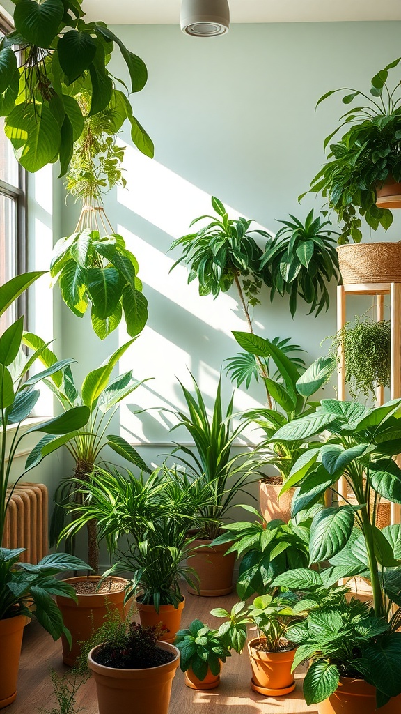 A bright room filled with various indoor plants in terracotta pots, illuminated by sunlight.