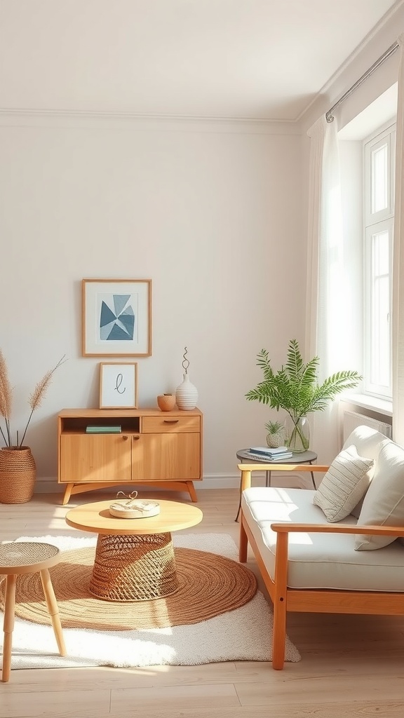 A minimalist Scandinavian living room featuring light wood furniture, a cozy sofa, a round coffee table, and potted plants.
