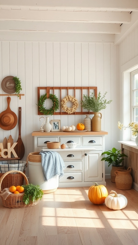 A bright modern farmhouse interior with white walls, wooden accents, and summer decor items such as pumpkins and greenery.