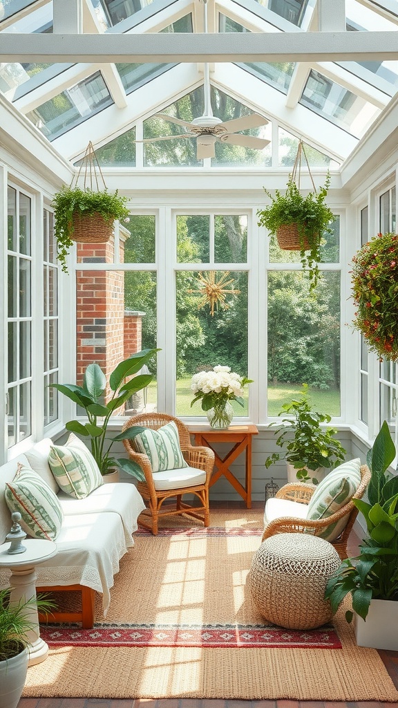 A bright sunroom with large windows, wicker chairs, and hanging plants, creating a cozy outdoor-inspired space.