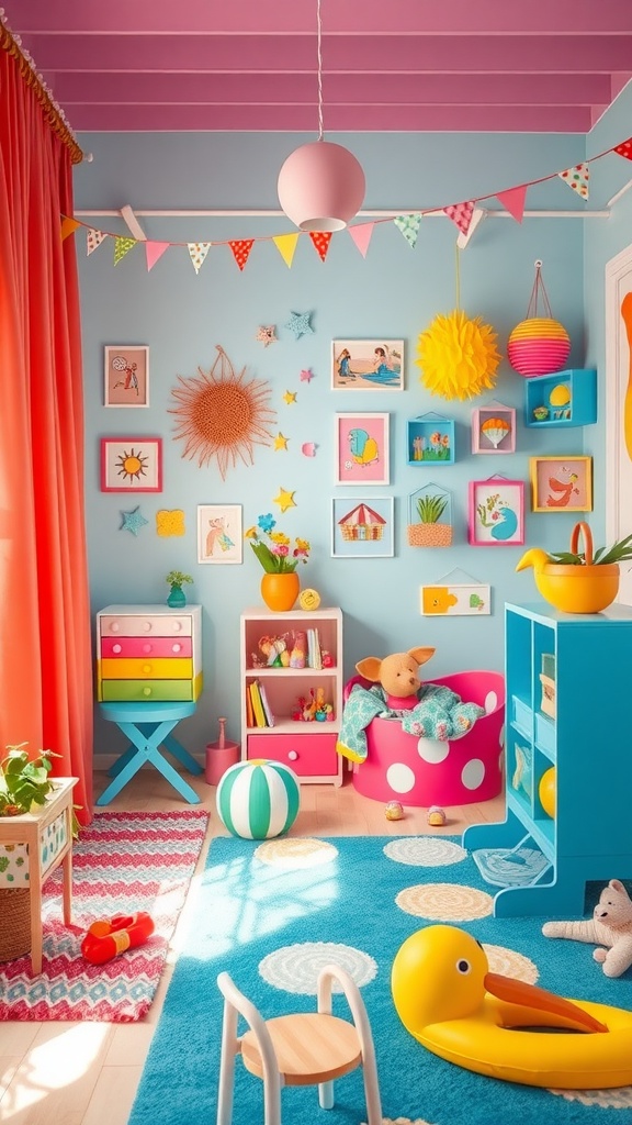 A colorful and playful kids' room with bright walls, fun decor, and cozy play areas.