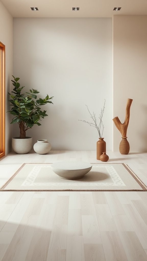 A serene room with wooden flooring, a few plants, and minimalist decor, creating a calming atmosphere.